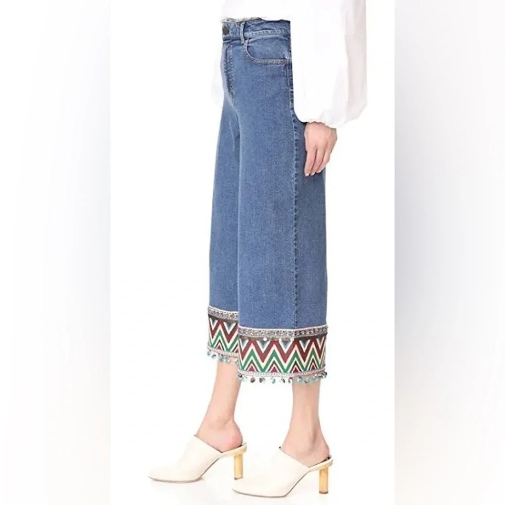 Alice + Olivia Beta Pom Pom High Waist Wide Leg Cropped Jeans Size 28 - Picture 8 of 9